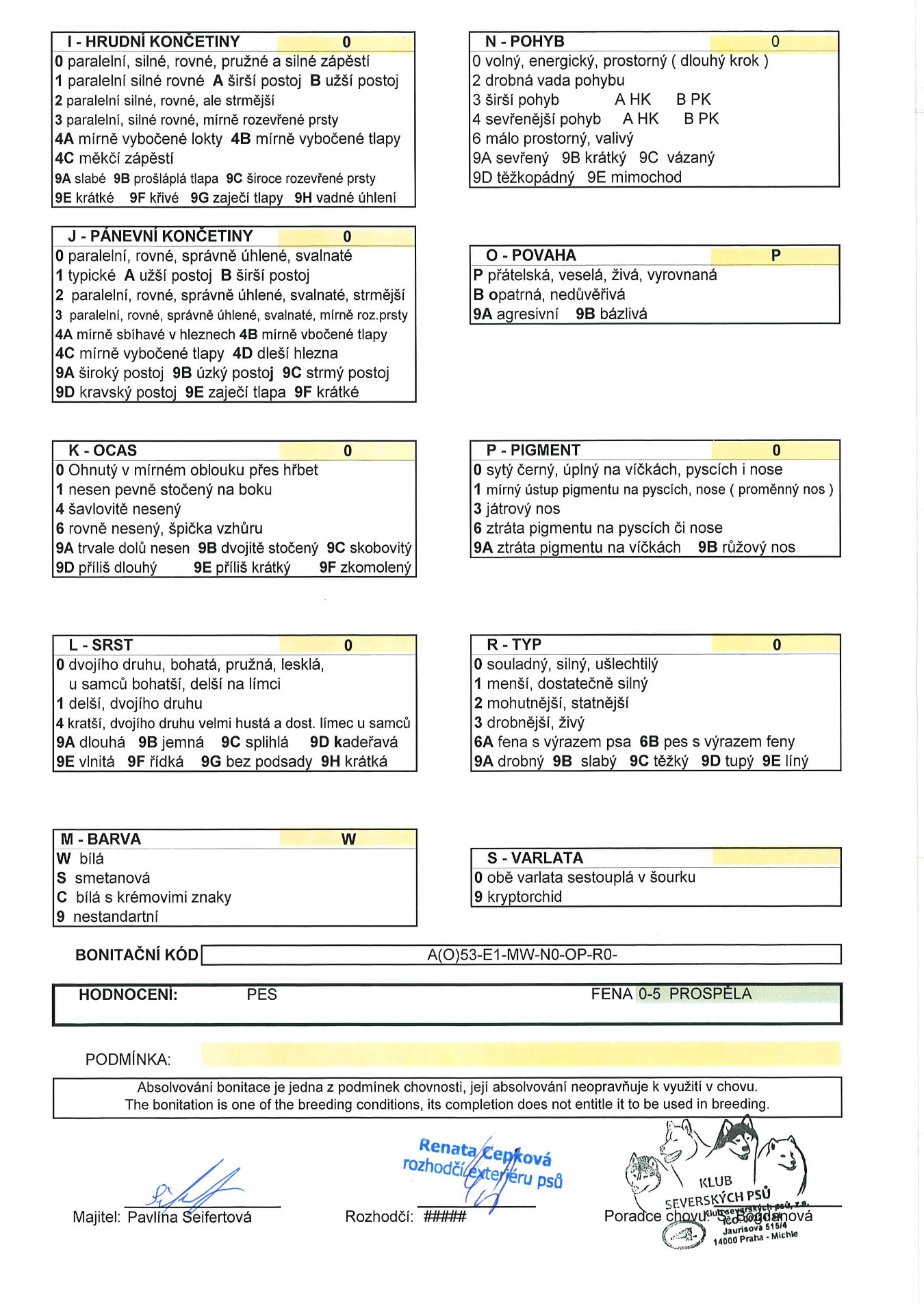 Bonitační karta 2. strana